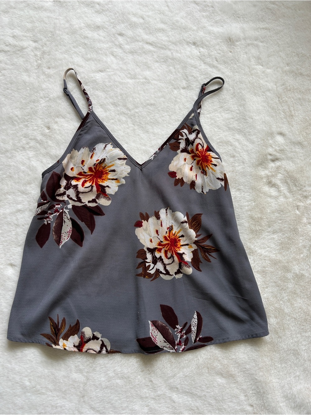SHEIN Gray Floral V-Neck Cami with White & Brown Blooms
